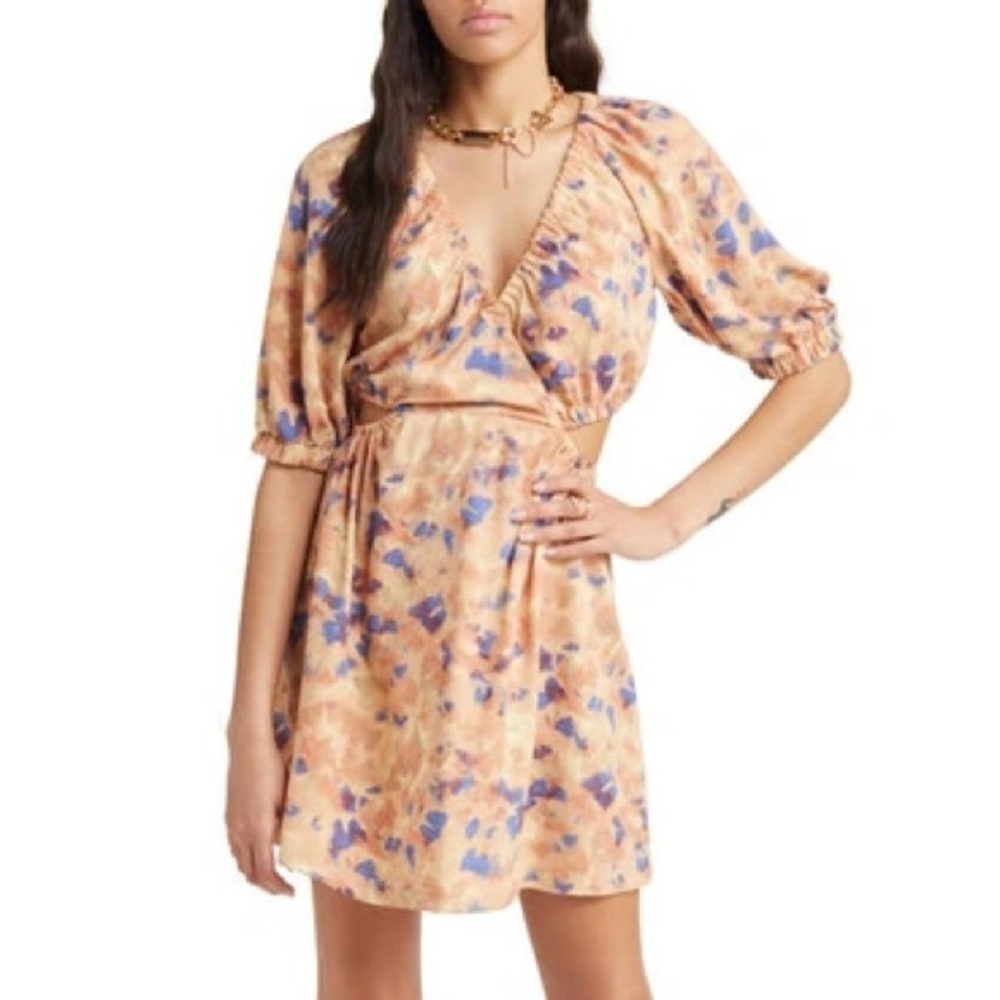 Open Edit Cutout Puff Sleeve Minidress - Yellow Mellow Ginko Floral